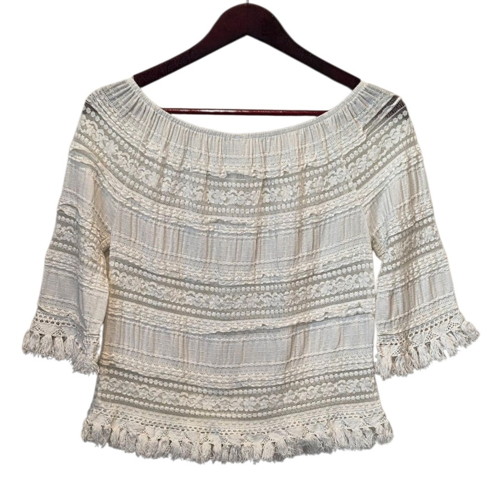 Mur Mur Off The Shoulder Lace Tassel Blouse White Cream Women's Size‎ Medium - Picture 4 of 7